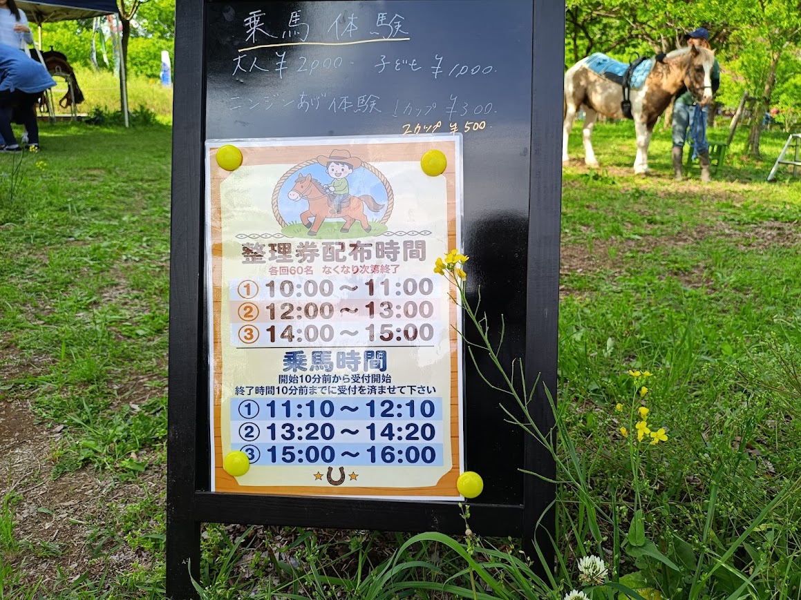 乗馬体験の料金・時間案内看板
