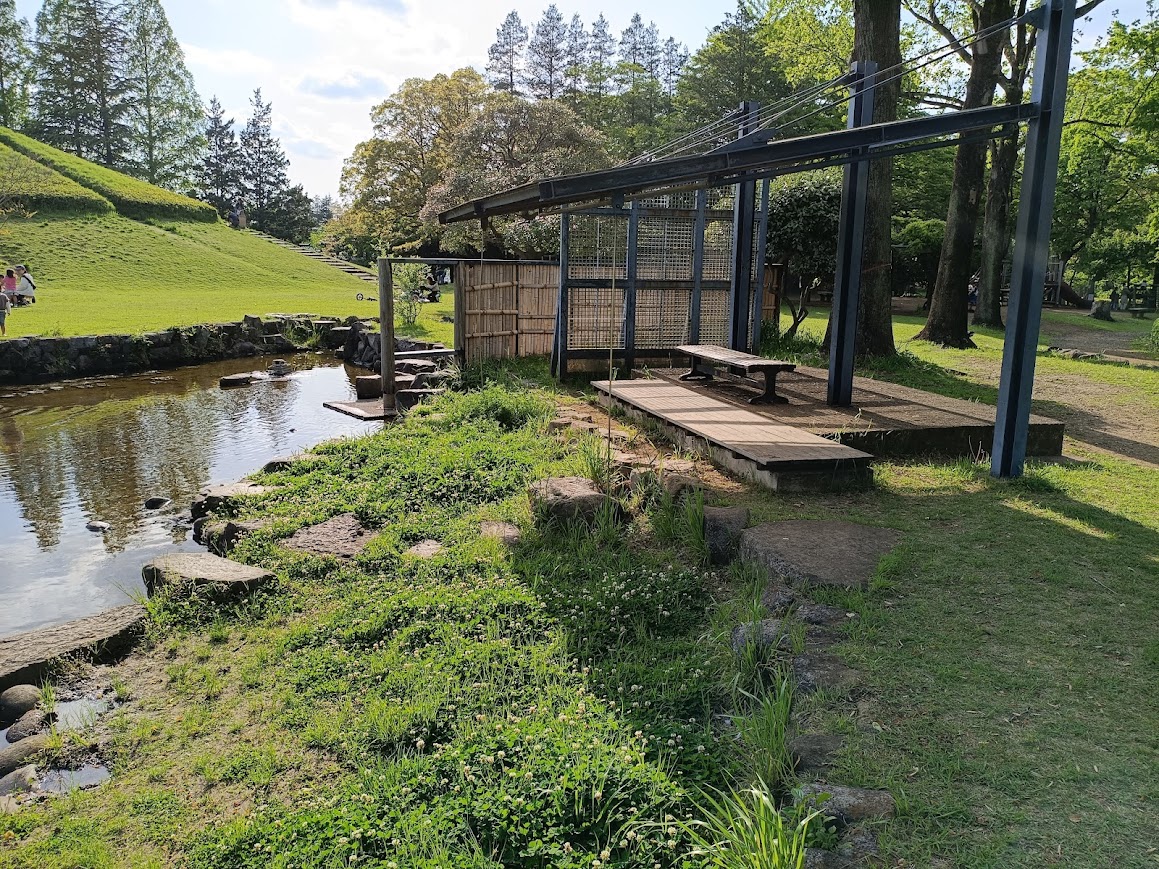 公園内の池と休憩スペース