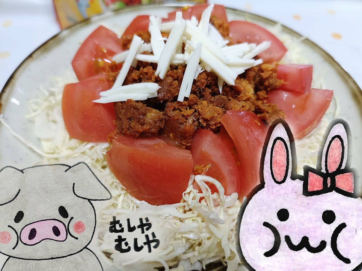 サバタコスの盛り付け たっぷりのキャベツとトマトにそぼろとチーズ