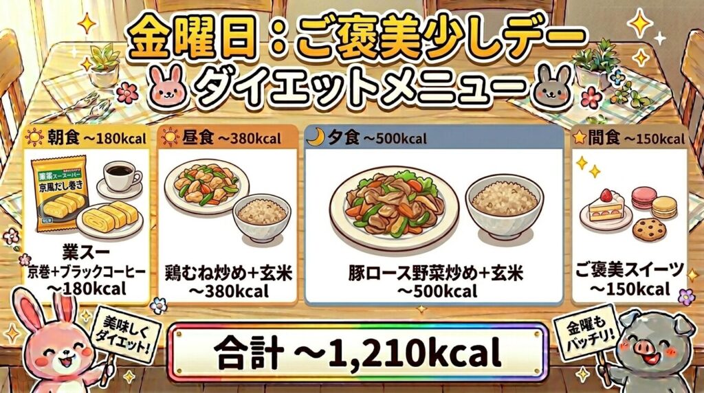 金曜日のご褒美ダイエット食事メニュー｜1週間続けるご褒美デー