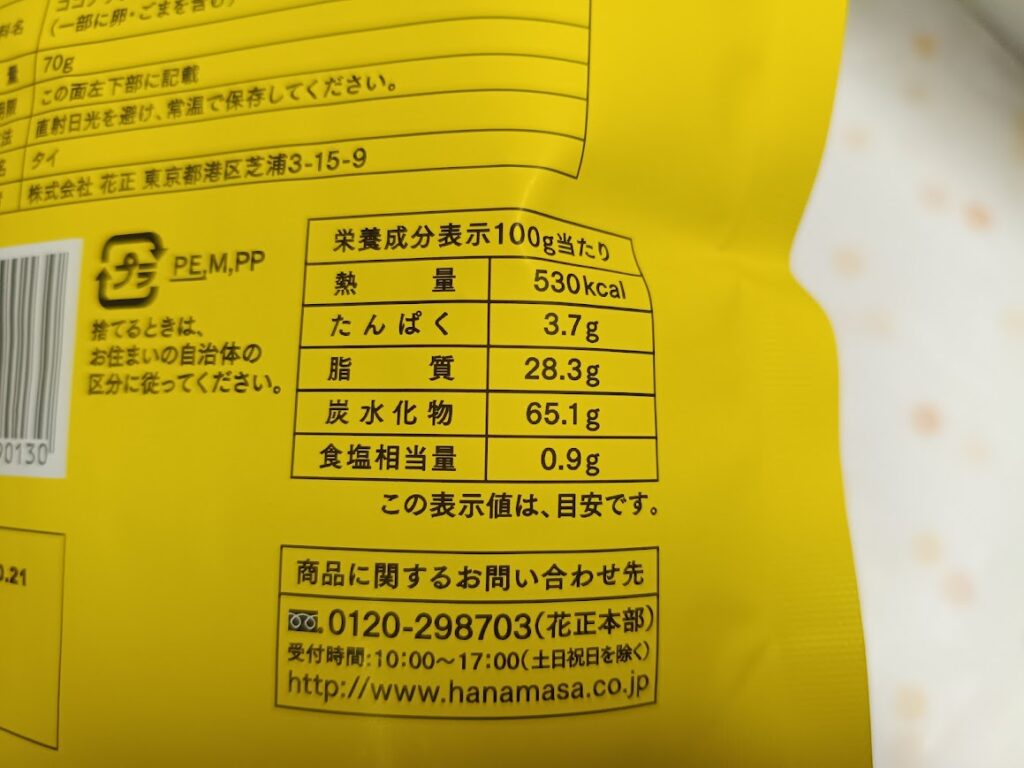 ココナッツロールの栄養成分表示(100gあたり530kcal)