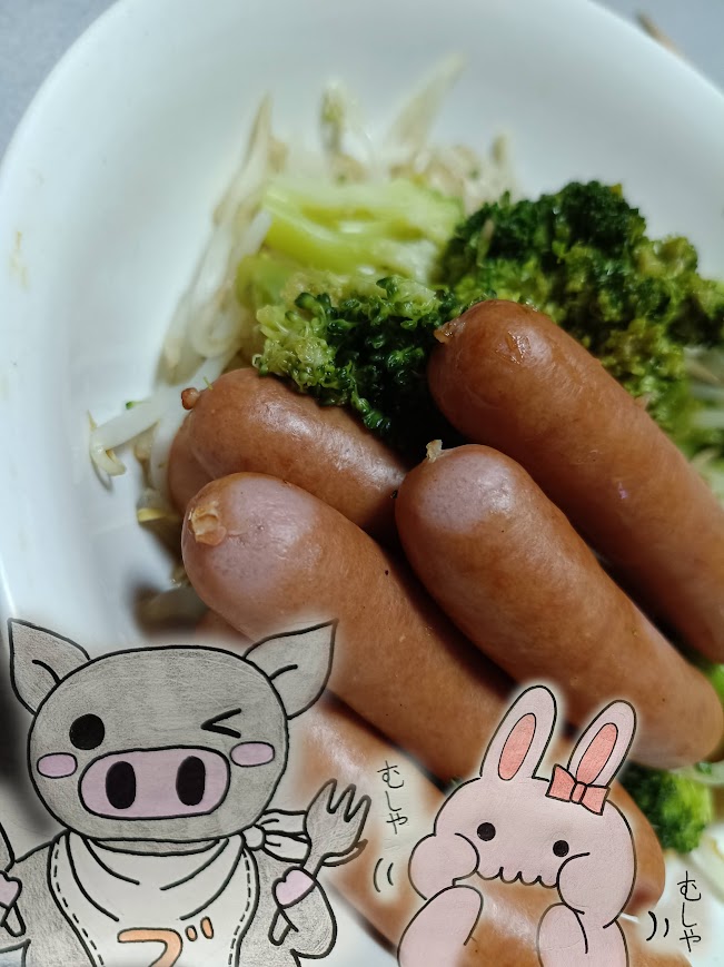 焼いた肉屋のポークソーセージと野菜の盛り付け うさとぶーのイラスト付き