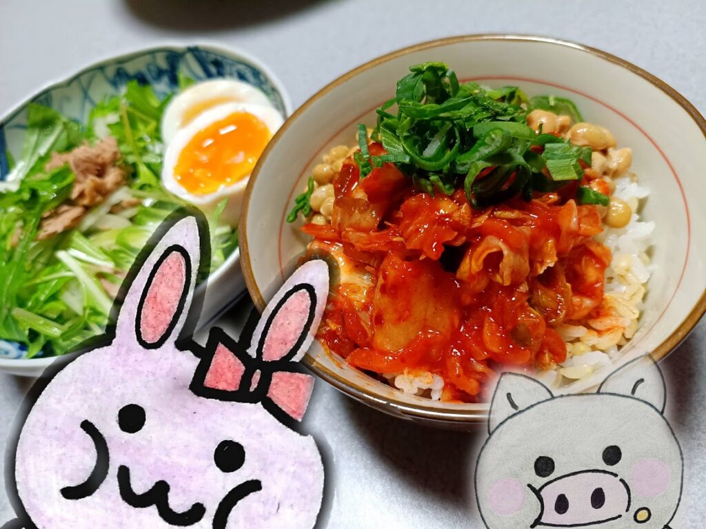 キムチとご飯を一緒に食べている様子