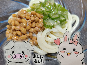 納豆とオクラのねばねばうどんとうさ・ぶーのイラスト