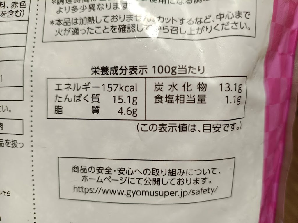 業務スーパーの梅しそカツの栄養成分表示