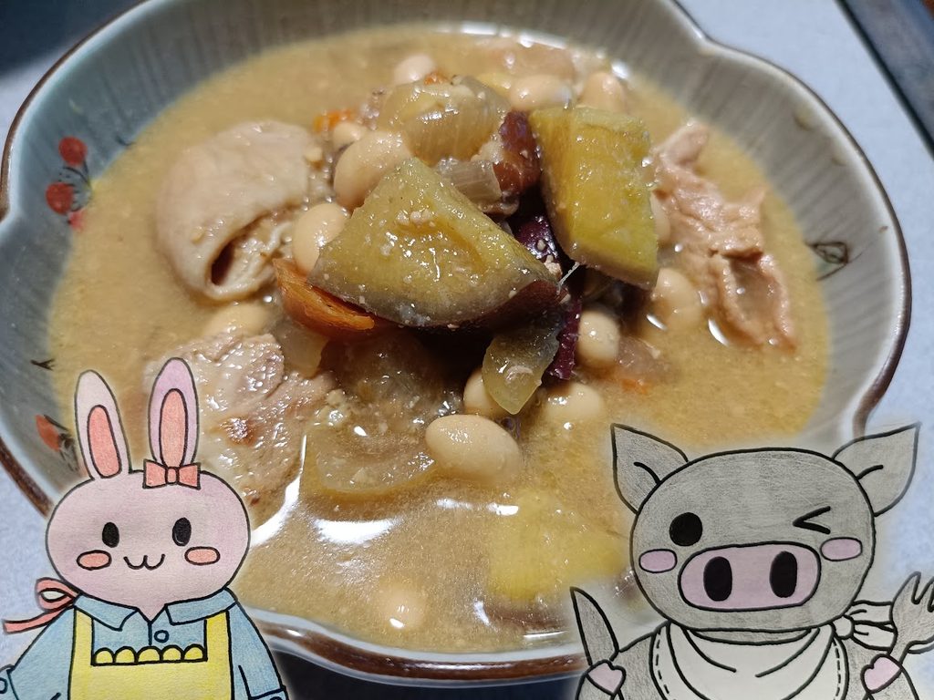 出汁で作ったサツマイモと豆の味噌汁、うさ・ぶー