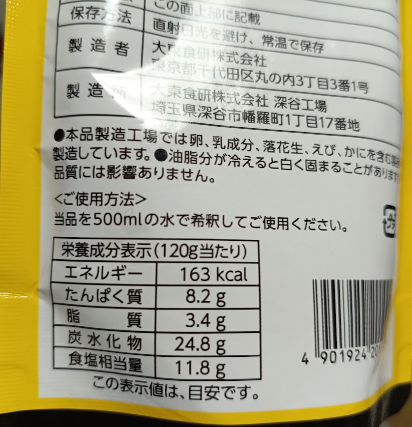 パッケージ裏面の栄養成分表示と使用方法