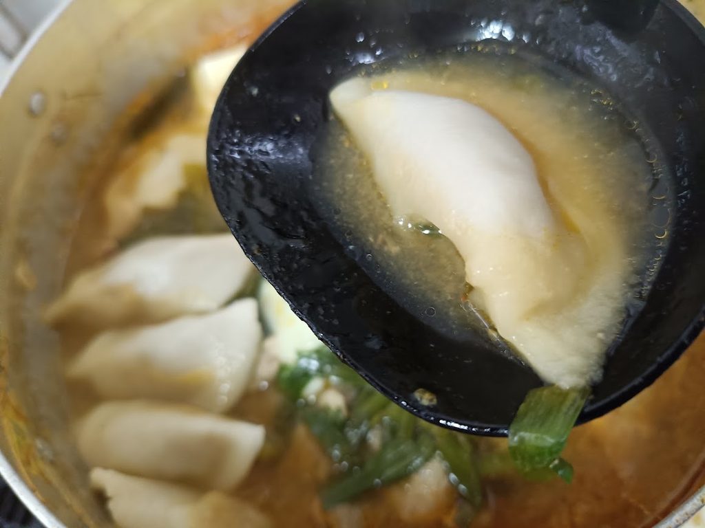 おたまですくった鍋の水餃子